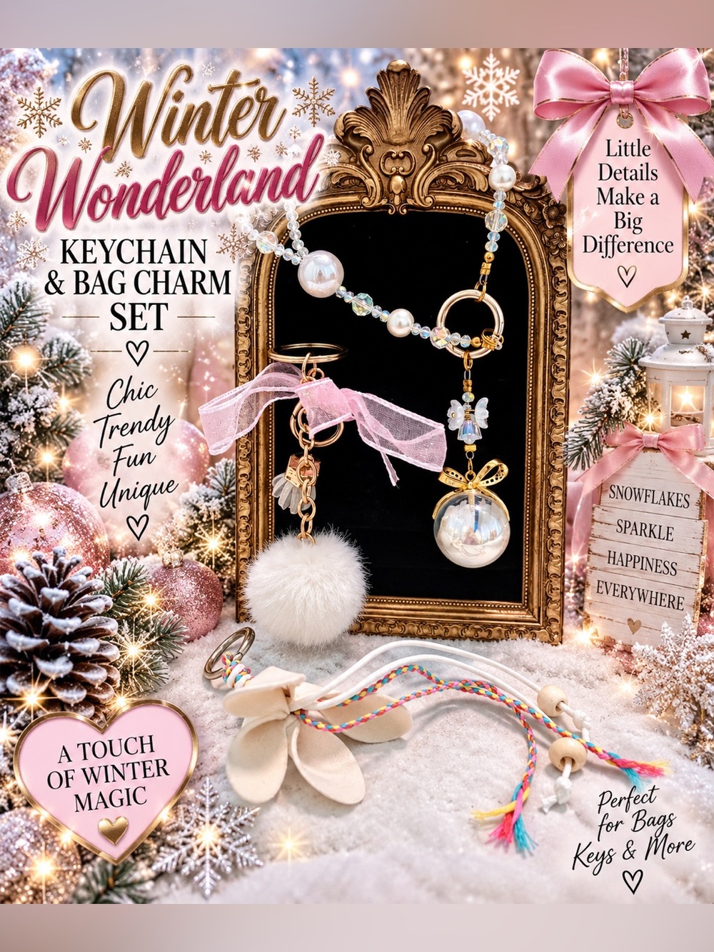 Winter wonderland key chain bag charm set